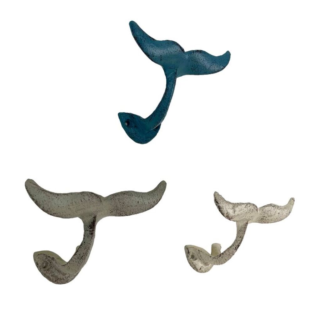 Set of 3 Cast Iron Nautical Whale Tale Wall Hooks